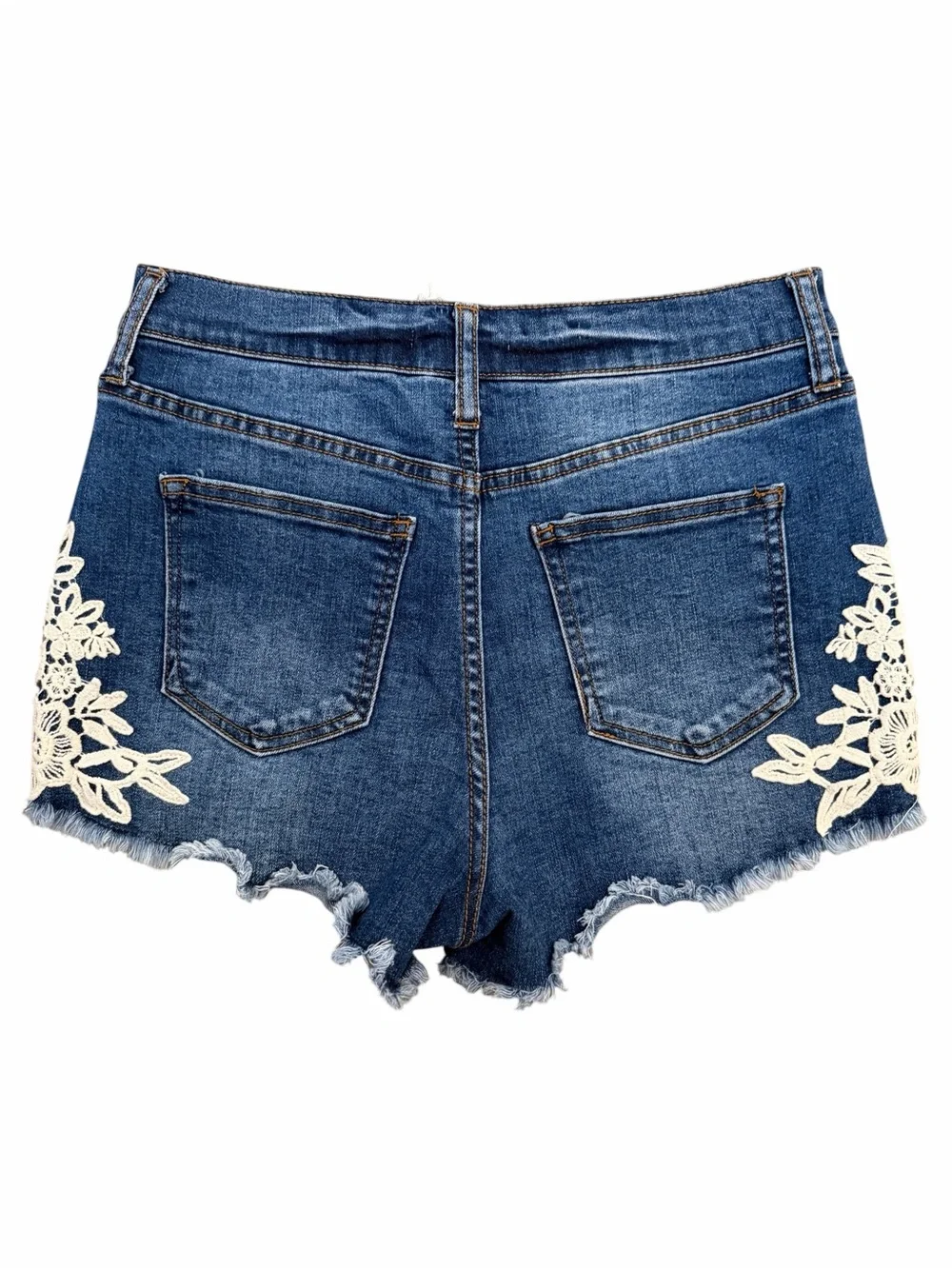 Altar’d State Floral Crochet Lace Denim Shorts Women’s Size 7/28 Boho Frayed Hem - Picture 2 of 7